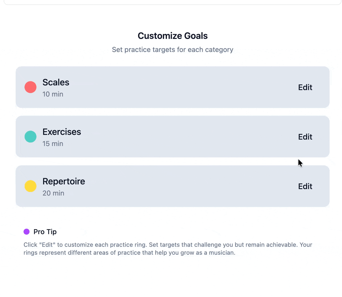 Demo showing how to set practice goals in MOTIF