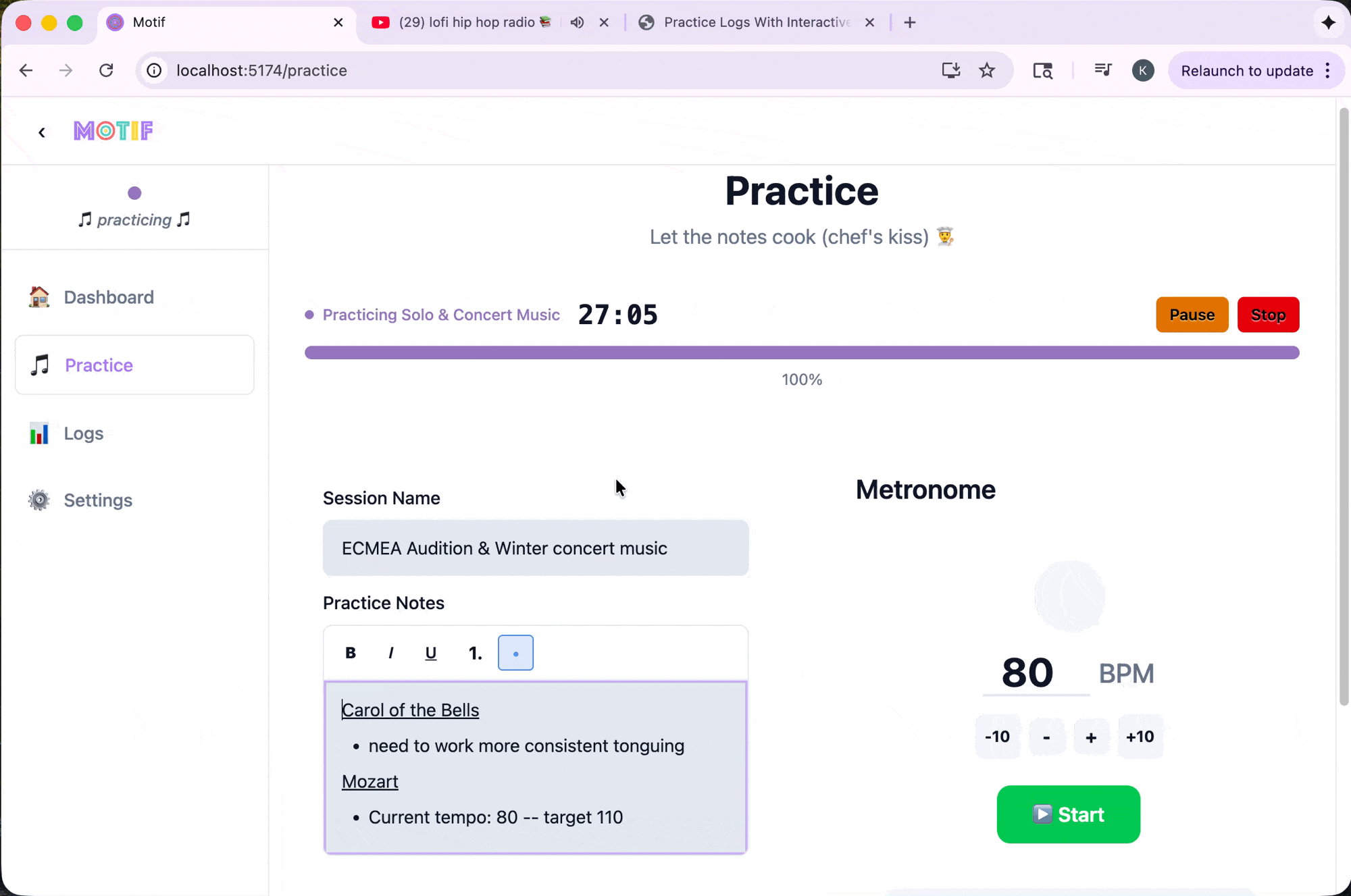 Demo showing how to reflect on practice in MOTIF